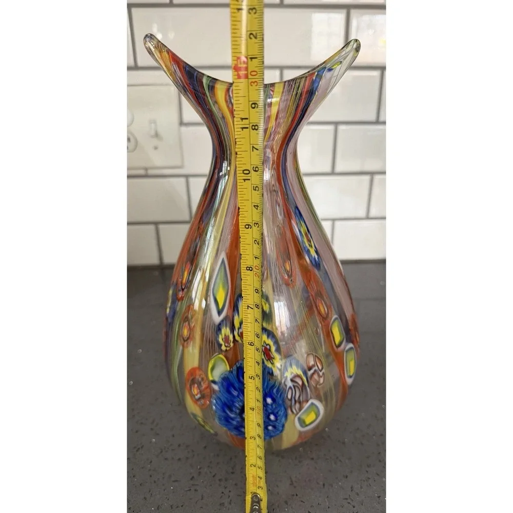 Art Glass Orange Red Blue Yellow Millefiori Vase Heavy Large